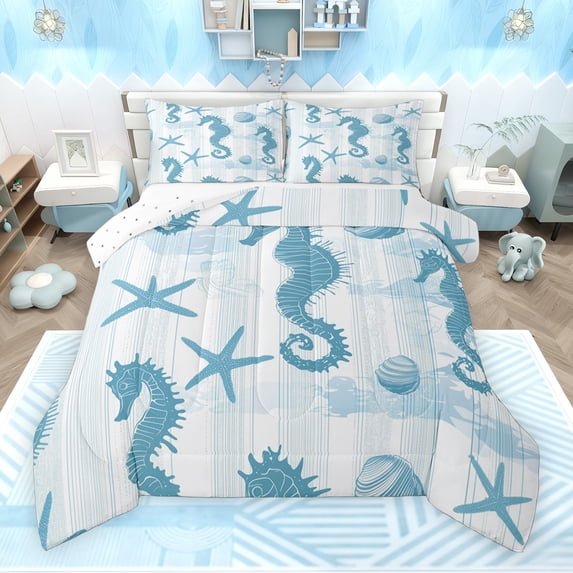 Feelyou Blue Seahorse Print Full Size Comforter Sets, Cartoon Starfish Seashell Bedding Comforter Set, Teens Kids Boys Girls Reversible Bedding Sets, Luxury Bedroom Decor, 3pcs