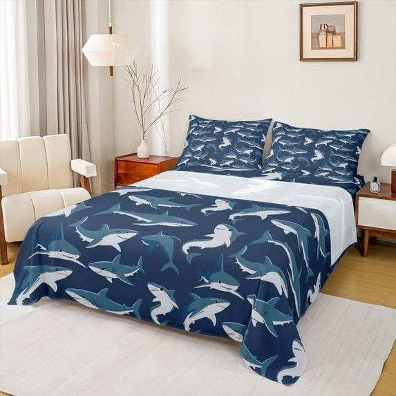 Feelyou Blue Shark Animal Bed Sheets, Kawaii Sealife Child King Sheets, 4pcs