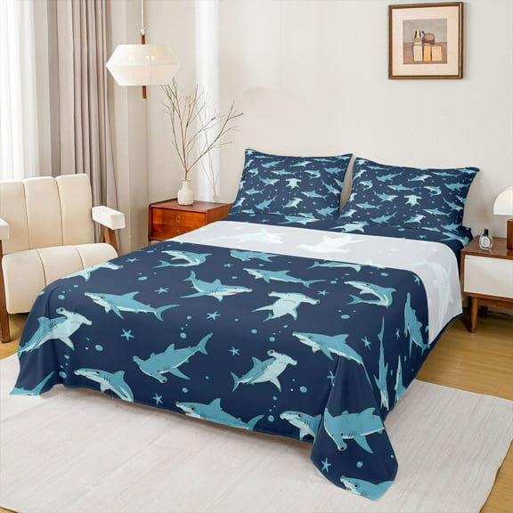 Feelyou Blue Shark Animal Twin Sheet Sets, Ocean Stars Child Bedding, 3pcs