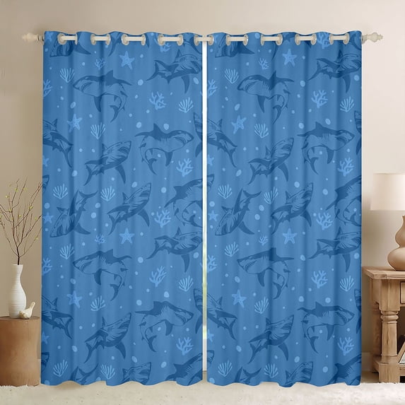 Feelyou Blue Shark Coral Curtains Pack of 2 (42x84 Each) for Boys Girls, Sea Underwater Wildlife Curtains Blackout, Blue