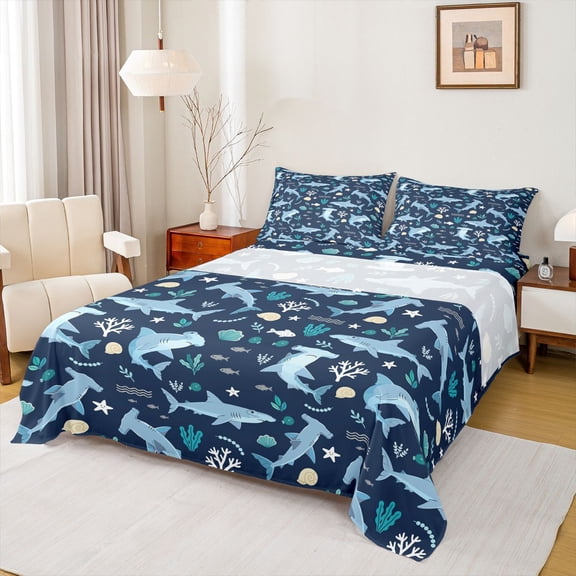 Feelyou Blue Shark Kids Twin Sheet Sets, Ocean Seashell Starfish Bedding, 3-Piece