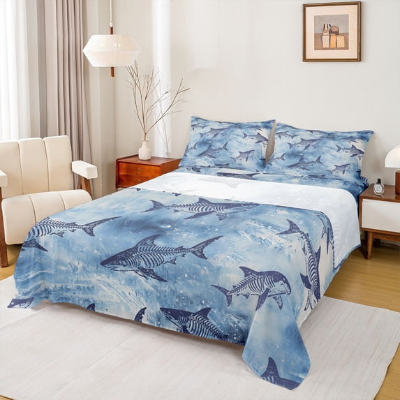 Feelyou Blue Shark Skeleton Ocean Queen Sheet Sets for Men Women Kids, Retro Sea Prehistoric Wildlife Bed Set, Blue, 4 Pieces
