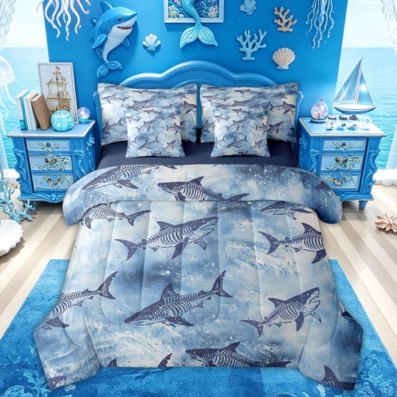 Feelyou Blue Shark Skeleton Ocean Twin Bedding Sets for Men Women Kids, Retro Sea Prehistoric Wildlife Bedding Comforter Set, Blue, Blue Reversible, 7 Pieces