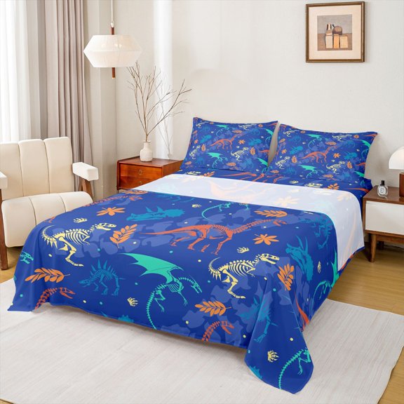 Feelyou Blue Skeleton Dino Full Size Sheets for Boys, Animals Bone Print Bed Sheets, 4-Piece