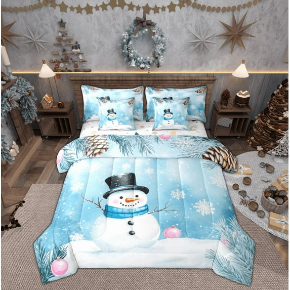 Feelyou Blue Snowman Bedding Comforter Set 7pcs for Teens, Winter Snowflake Queen Bedding Sets, Merry Christmas Reversible Queen Sheet Sets, Breathable Home Decor