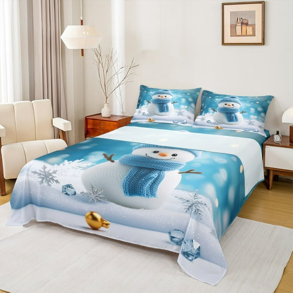 Feelyou Blue Snowman Full Size Sheets for Teens, Winter Snowflake Bed Sheets, Merry Christmas Sheet Sets, Super Cozy Room Decor,4 Pieces