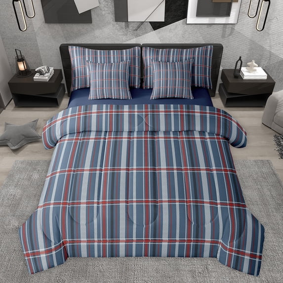 Feelyou Blue Square Plaid Bedding Comforter Set 7pcs, Vintage Abstract Queen Bedding Sets