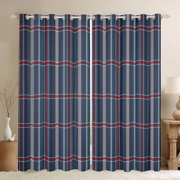 Feelyou Blue Square Plaid Curtains Pack of 2 (52x84 Each), Abstract Window Curtains