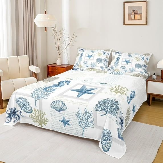 Feelyou Blue Starfish Seashell Twin Sheet Sets, Ocean Seahorse Coral Twin Fitted Sheet, Teens Girls Kids Flat Sheet, Ultra Soft Home Decor, 3 Pieces