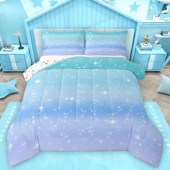Feelyou Blue Starry Sky Bedding Comforter Set, Stars Sequin Print Twin Comforter Sets, Modern Abstract Artwork Reversible Bedding Set, Ultra Soft Bedroom Decor, 2 Pieces