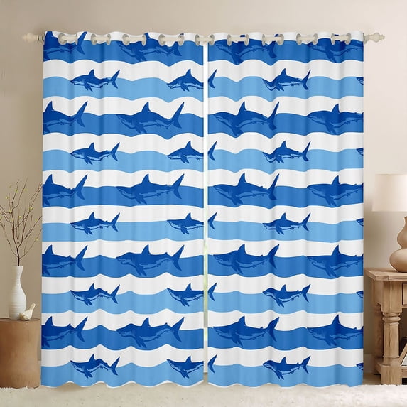 Feelyou Blue Stripe Ocean Shark Silhouette Blackout Curtains Set of 2 (52x84 Each) for Men Women Kids, Coastal Sea Wildlife Window Curtains, Blue White