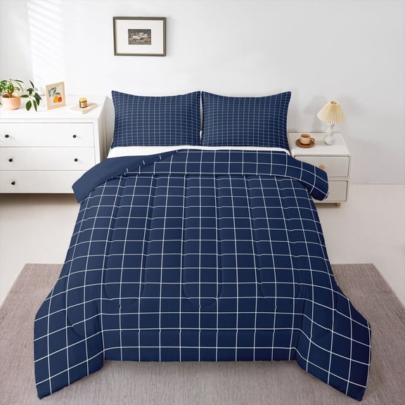 Feelyou Blue Stripes Buffalo Full Size Comforter Sets, Simple Fashion Bedding Sets, 3pcs