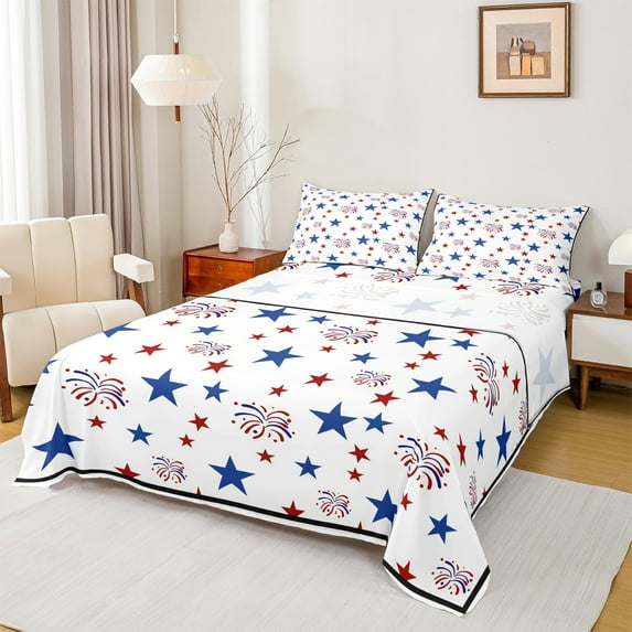 Feelyou Blue Texas Stars Bed Sheets, Cartoon Firework King Sheets, Fourth of July Theme Sheet Set, Super Cozy Room Decor, 4-Piece