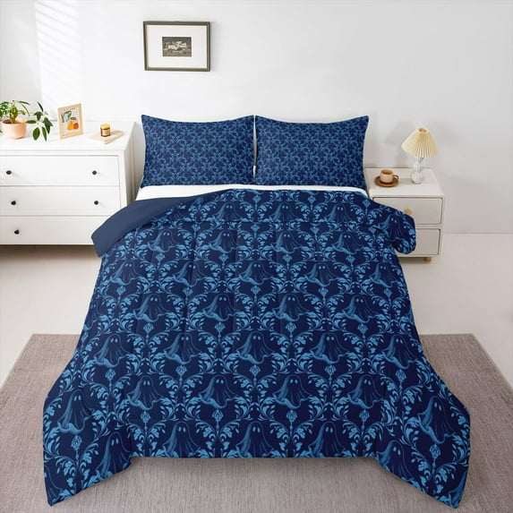 Feelyou Blue Tribal Damask Full Size Comforter Sets, Boho Gothic Ghost Bedding Sets, 3pcs