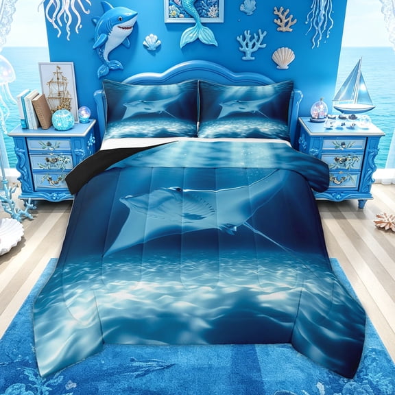 Feelyou Blue Underwater Fish Wildlife Queen Comforter Set for Men Women, Sea Landscape Bedding Comforter Set, Blue, Black Reversible, 3 Pieces