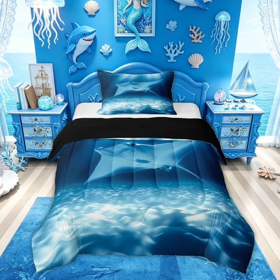 Feelyou Blue Underwater Fish Wildlife Twin Comforter Sets for Men Women, Sea Landscape Bedding Set, Blue, Black Reversible, 2 Pieces