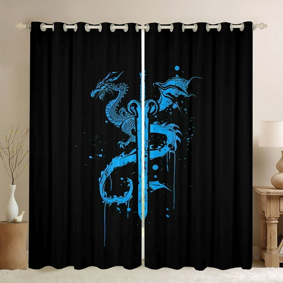 Feelyou Blue Watercolor Dragon Curtains Pack of 2 (42x84 Each), Splash Graffiti Animal Curtains Blackout, Teens Kids Boys Girls Bedroom Curtains, Window Curtains Bedroom Decor