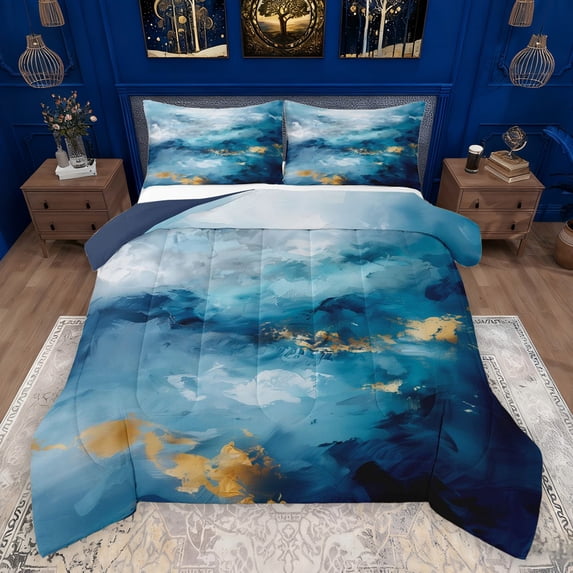 Feelyou Blue Watercolor Teen Bedding Comforter Set, Modern Marble Abstract Twin Comforter Sets, Chic Arwork Marbling Reversible Bedding Set, Super Cozy Room Decor, 2 Pieces