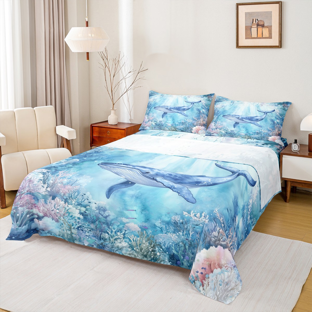 Curated visual reference: Coral Sheeting Reference: Feelyou Blue Whale Bed Sheets For Kids Boys Girls Cute