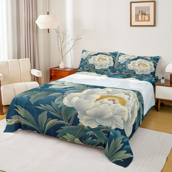 Feelyou Blue White Flower Bed Sheets, Rustic Plant Botanical King Sheets, Mandala Boho Style Sheet Set, Ultra Soft Bedroom Decor, 4pcs