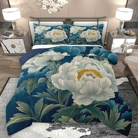 Feelyou Blue White Flower Queen Comforter Set, Rustic Plant Botanical Bedding Sets, Mandala Boho Style Reversible Bedding Comforter Set, Ultra Soft Bedroom Decor, 3pcs