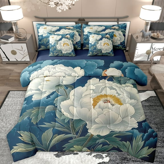 Feelyou Blue White Flower Twin Bedding Sets 7-Piece, Rustic Plant Botanical Bedding Comforter Set, Mandala Boho Style Reversible Sheet Sets, Ultra Soft Bedroom Decor
