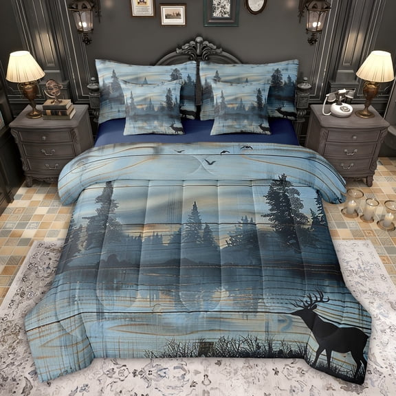 Feelyou Blue Wooden Plank Bedding Comforter Set 7 Pieces, Tree Plant Botanical Full Bedding Set, Western Jungle Deer Reversible Fitted Sheet Flat Sheet, Microfiber Bedroom Decor
