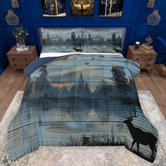 Feelyou Blue Wooden Plank Bedding Comforter Set, Tree Plant Botanical Twin Comforter Sets, Western Jungle Deer Reversible Bedding Set, Microfiber Bedroom Decor, 2 Pieces
