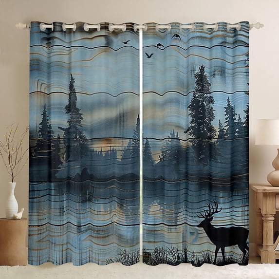 Feelyou Blue Wooden Plank Black Out Curtains, Tree Plant Botanical Curtains Pack of 2 (42x63 Each), Western Jungle Deer Bedroom Curtains, Window Curtains Decor