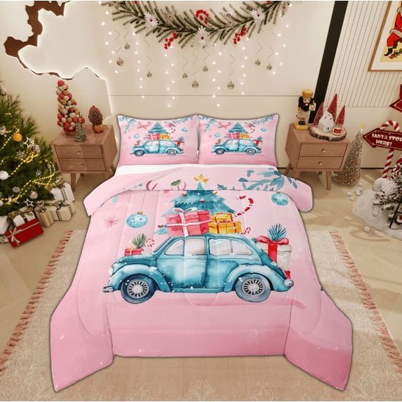 Feelyou Blue Xmas Car Full Size Comforter Sets, Christmas Tree Gifts Bedding Comforter Set, Pink Princess Style Reversible Bedding Sets, Ultra Soft Home Decor, 3pcs