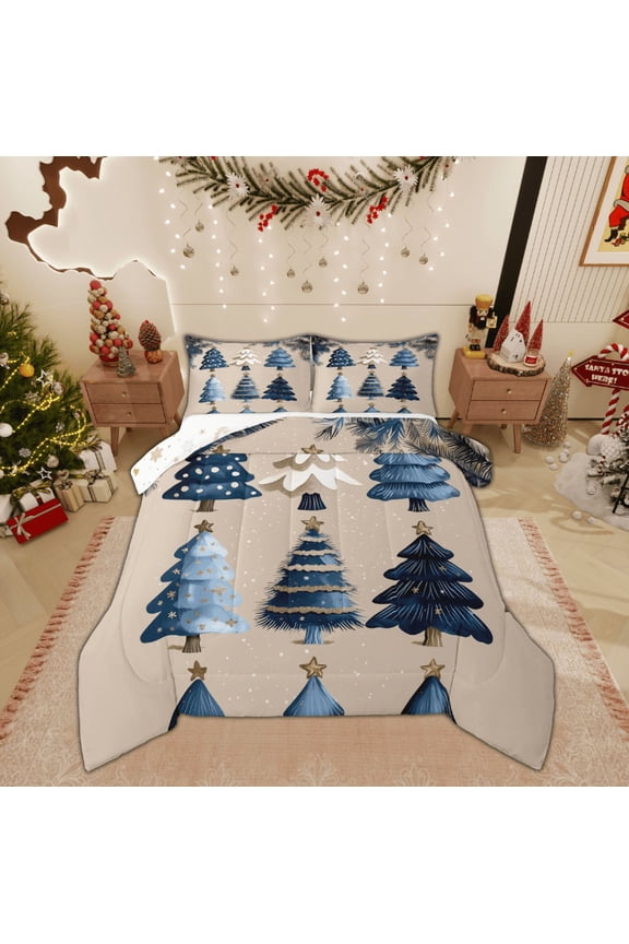 Blue Xmas Tree 01, Merry Christmas Twin Comforter Sets, Princess Fairy Tale Reversible Bedding Set, Breathable Home Decor,2-Piece