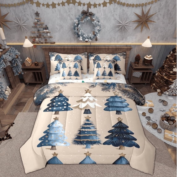 Feelyou Blue Xmas Tree Bedding Comforter Set 7 Pieces, Merry Christmas Full Bedding Set, Princess Fairy Tale Reversible Fitted Sheet Flat Sheet, Breathable Home Decor