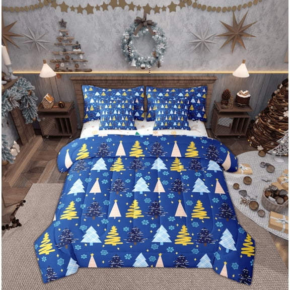 Feelyou Blue Xmas Tree Bedding Comforter Set 7pcs, Merry Christmas King Bedding Sets, Princess Fairy Tale Reversible Bed Sheets, Microfiber Bedroom Decor, 3 Pieces