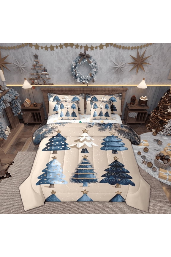 Blue Xmas Tree Twin Bedding Sets 7-Piece, Merry Christmas Bedding Comforter Set, Princess Fairy Tale Reversible Sheet Sets, Breathable Home Decor