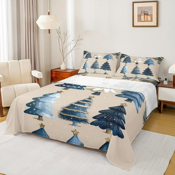 Feelyou Blue Xmas Tree Twin Sheet Sets, Merry Christmas Twin Fitted Sheet, Princess Fairy Tale Flat Sheet, Breathable Home Decor,3-Piece