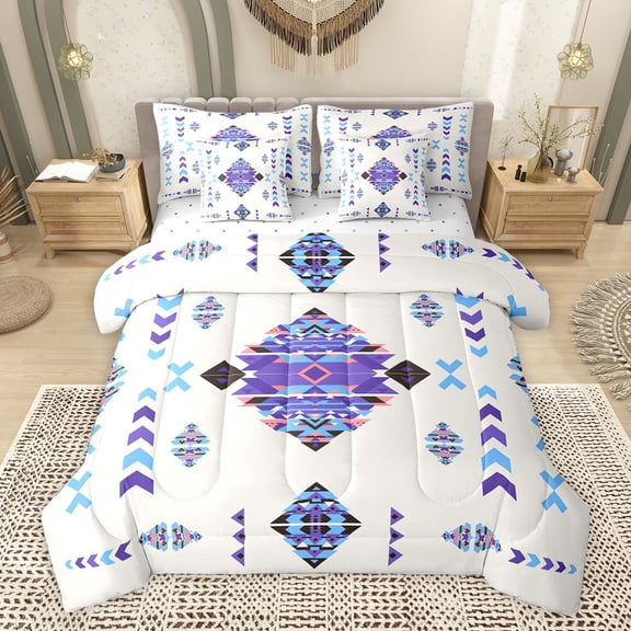 Feelyou Bohemian Aztec Bedding Comforter Set 7 Pieces, Purple Triangle Full Bedding Set