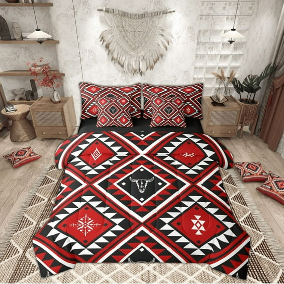 Feelyou Bohemian Aztec Bedding Comforter Set 7pcs, Hippie Tribal Rustic Queen Bedding Sets, Red Western Abstract Reversible Queen Sheet Sets, Ultra Soft Home Decor