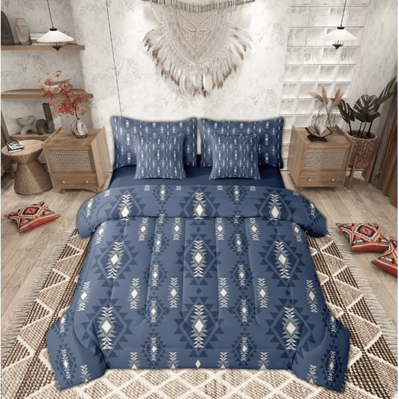 Feelyou Bohemian Aztec Kid Bedding Comforter Set 7pcs, Blue Geometric Abstract Queen Bedding Sets, Southwestern Reversible Queen Sheet Sets, Microfiber Bedroom Decor