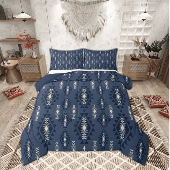 Feelyou Bohemian Aztec Kid Queen Comforter Set, Blue Geometric Abstract Bedding Sets, Southwestern Reversible Bedding Comforter Set, Microfiber Bedroom Decor, 3 Pieces