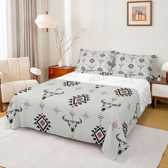 Feelyou Bohemian Aztec Queen Sheet Sets, Rustic Sheep Skeleton Flat Sheet, Hippie Tribal Triangle Queen Fitted Sheet, Lightweight Room Decor, 4pcs