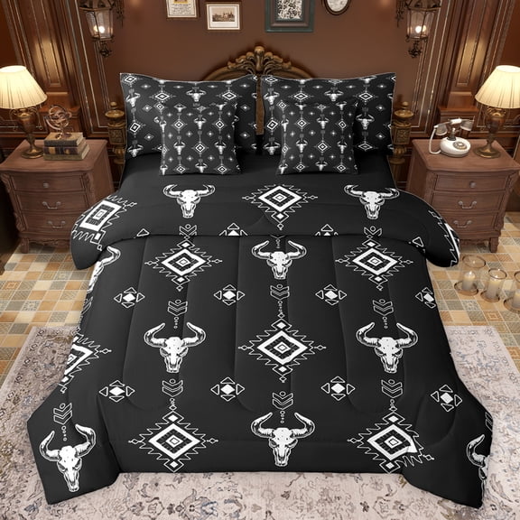 Feelyou Bohemian Aztec Teen Bedding Comforter Set 7pcs, Rustic Sheep Skeleton King Bedding Sets, Vintage Western Fashion Reversible Bed Sheets, Microfiber Bedroom Decor