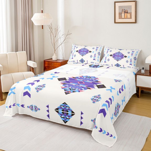 Feelyou Bohemian Aztec Teens Bed Sheets, Purple Triangle King Sheets, 4pcs