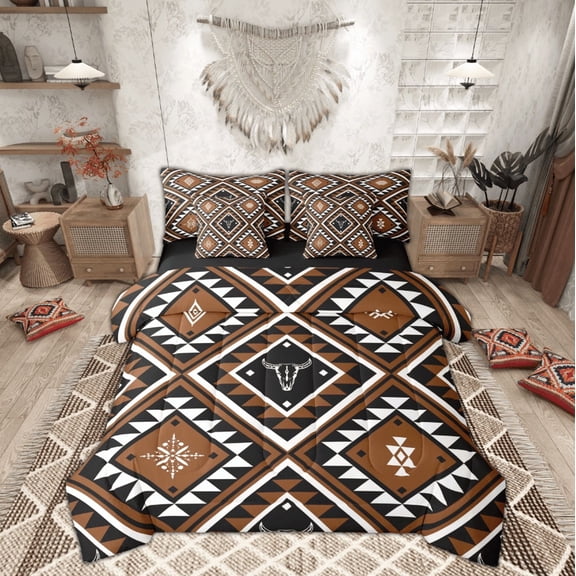 Feelyou Bohemian Aztec Twin Bedding Sets 7-Piece, Hippie Tribal Rustic Bedding Comforter Set, Brown Abstract Reversible Sheet Sets, Microfiber Bedroom Decor