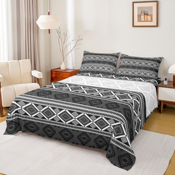 Feelyou Bohemian Aztec Women Bed Sheets, Retro Boho Mandala King Sheets, Grey Triangle Square Sheet Set, Ultra Soft Bedroom Decor, 4pcs