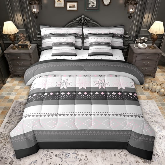 Feelyou Bohemian Aztec Women Bedding Comforter Set 7pcs, Vintage Bohemian Mandala King Bedding Sets, Grey White Triangle Polkadot Reversible Bed Sheets, Lightweight Room Decor