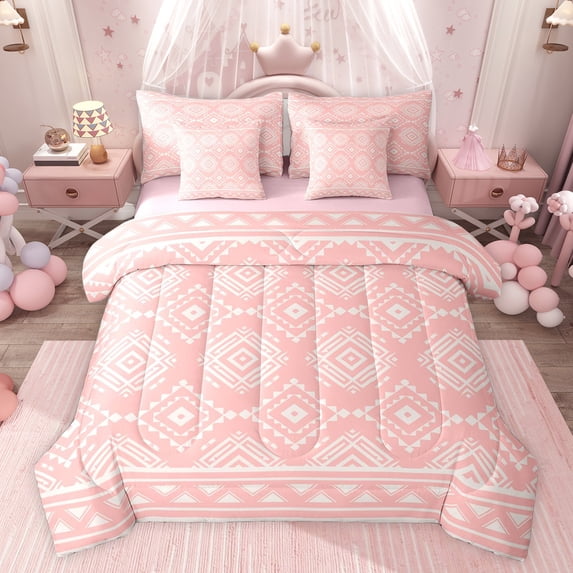 Feelyou Bohemian Aztec Women Bedding Comforter Set 7pcs, Vintage Bohemian Mandala King Bedding Sets, Pink Triangle Square Reversible Bed Sheets, Ultra Soft Bedroom Decor