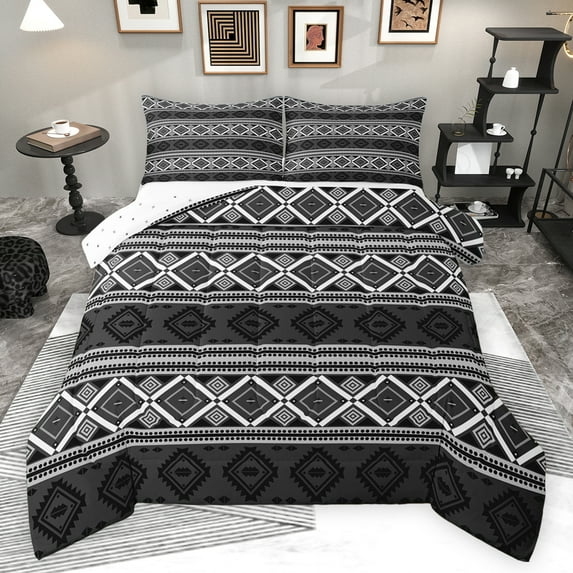 Feelyou Bohemian Aztec Women Bedding Comforter Set, Retro Boho Mandala Twin Comforter Sets, Grey Triangle Square Reversible Bedding Set, Ultra Soft Bedroom Decor, 2pcs