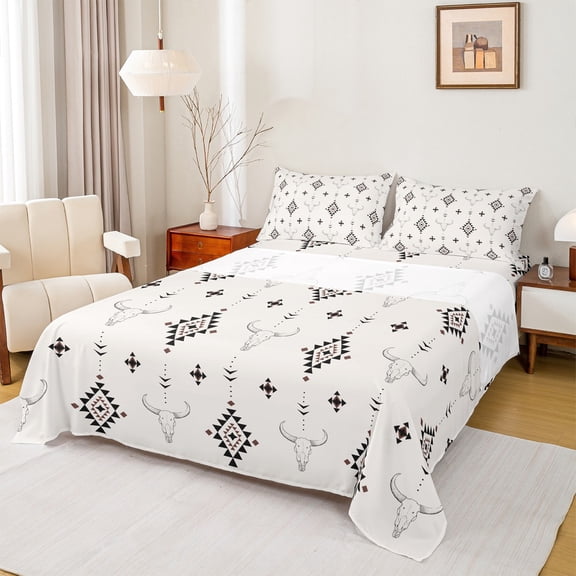 Feelyou Bohemian Aztec Women Twin Sheet Sets, Rustic Sheep Skeleton Twin Fitted Sheet, Vintage Triangle Square Flat Sheet, Luxury Bedroom Decor, 3pcs
