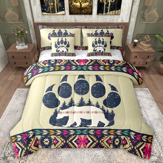 Feelyou Bohemian Bear Print Bedding Comforter Set 7 Pieces, Tribal Western Aztec Full Bedding Set, Vintage Mandala Theme Reversible Fitted Sheet Flat Sheet, Lightweight Room Decor