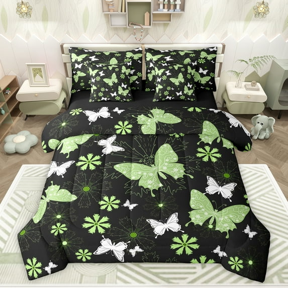 Feelyou Bohemian Butterfly Kids Bedding Comforter Set 7pcs, Rustic Flower Floral Queen Bedding Sets, Dreamy Animal Green Reversible Queen Sheet Sets, Breathable Home Decor